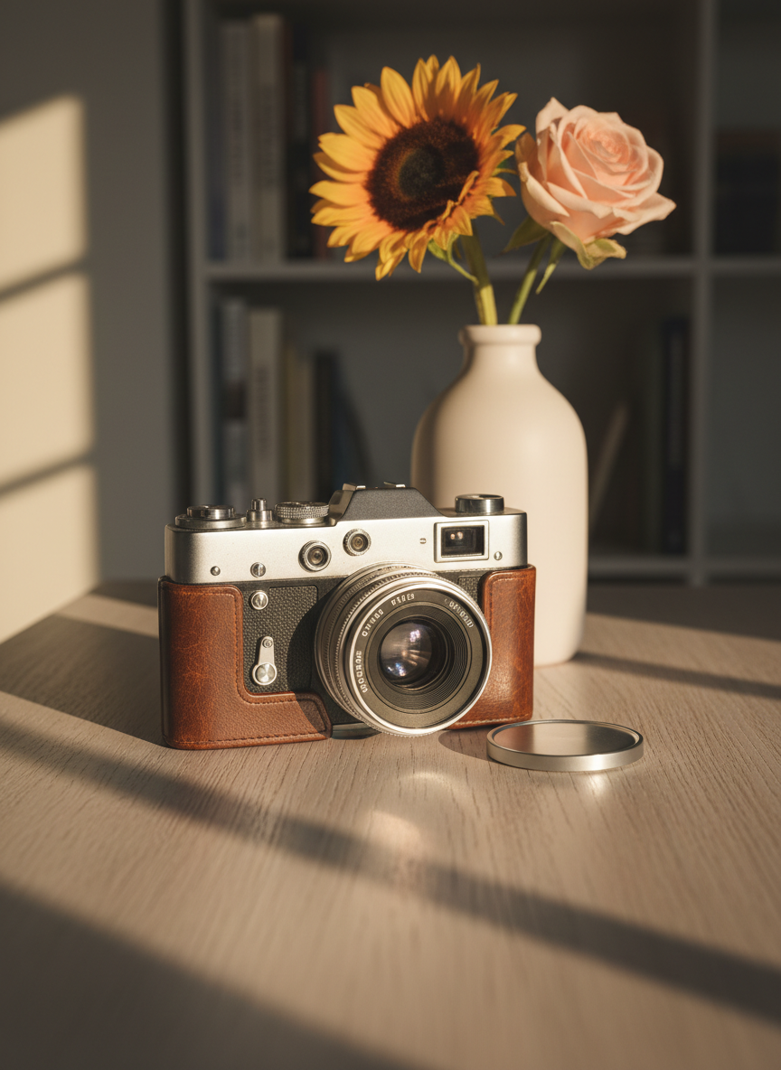 A single vintage film camera with a brushed metal body and worn leather grip rests on a clean, pale oak tabletop, its lens cap set neatly beside it. Behind it, a softly blurred background hints at shelves lined with art books and a ceramic vase holding a single sunflower and a single blush rose, their stems crossing. Late afternoon window light pours in from the left, creating gentle highlights along the camera edges and long, elegant shadows across the wood grain. Photographic realism with a minimalist, sophisticated aesthetic, shot at eye level with a shallow depth of field. The mood is contemplative and refined, evoking a photographer’s quiet preparation before stepping into the light.