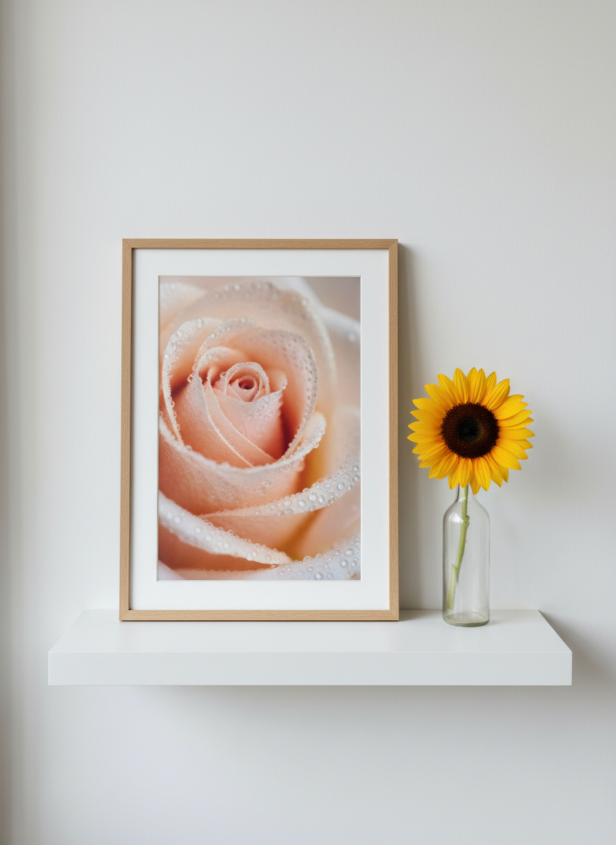 A framed fine art photograph of a dew-covered rose petal, rendered in delicate blush and cream tones, leans against a matte white wall on a floating shelf. Beside it, a small glass vase holds a single sunflower, its golden petals catching the light. Soft overcast daylight filters through an unseen window, creating a diffuse, even glow and subtle reflections on the glass. The shelf is otherwise bare, emphasizing negative space and clean lines. Captured straight on with a balanced composition and shallow depth of field that gently softens the background. Photographic realism with a calm, gallery-like atmosphere, suggesting a curated, sophisticated photography blog where each image is treated as a singular moment grown in light.