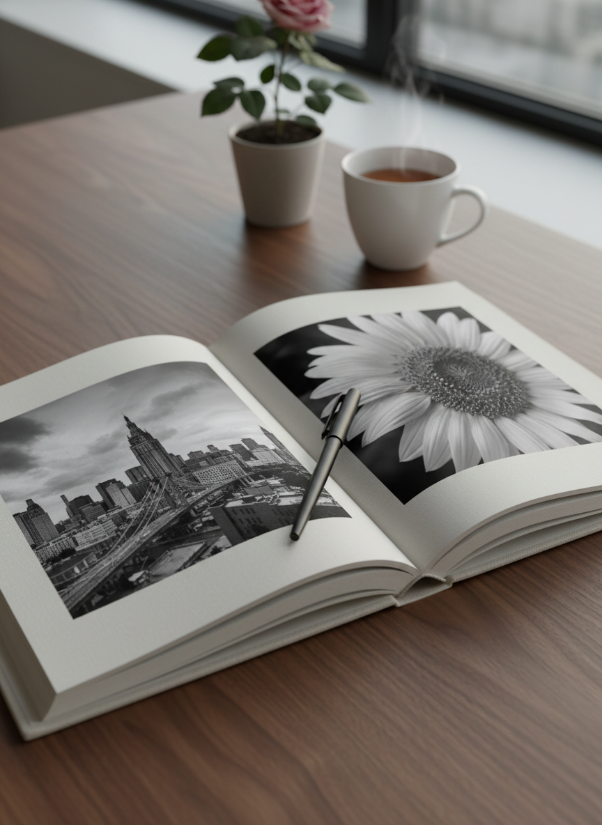 An open, linen-covered photo book lies on a simple walnut desk, displaying a full-bleed black-and-white cityscape on one page and a close-up of sunflower petals on the other. A matte black pen rests diagonally across the center fold, hinting at captured thoughts. In the background, slightly out of focus, a ceramic mug and a small potted rose plant sit near a large window. Early morning light streams in, cool and gentle, grazing the paper texture and creating delicate shadows along the page edges. Shot from a slightly elevated angle with a rule-of-thirds composition and shallow depth of field. Photographic realism with a quiet, sophisticated workspace mood, emphasizing the narrative relationship between images and words.