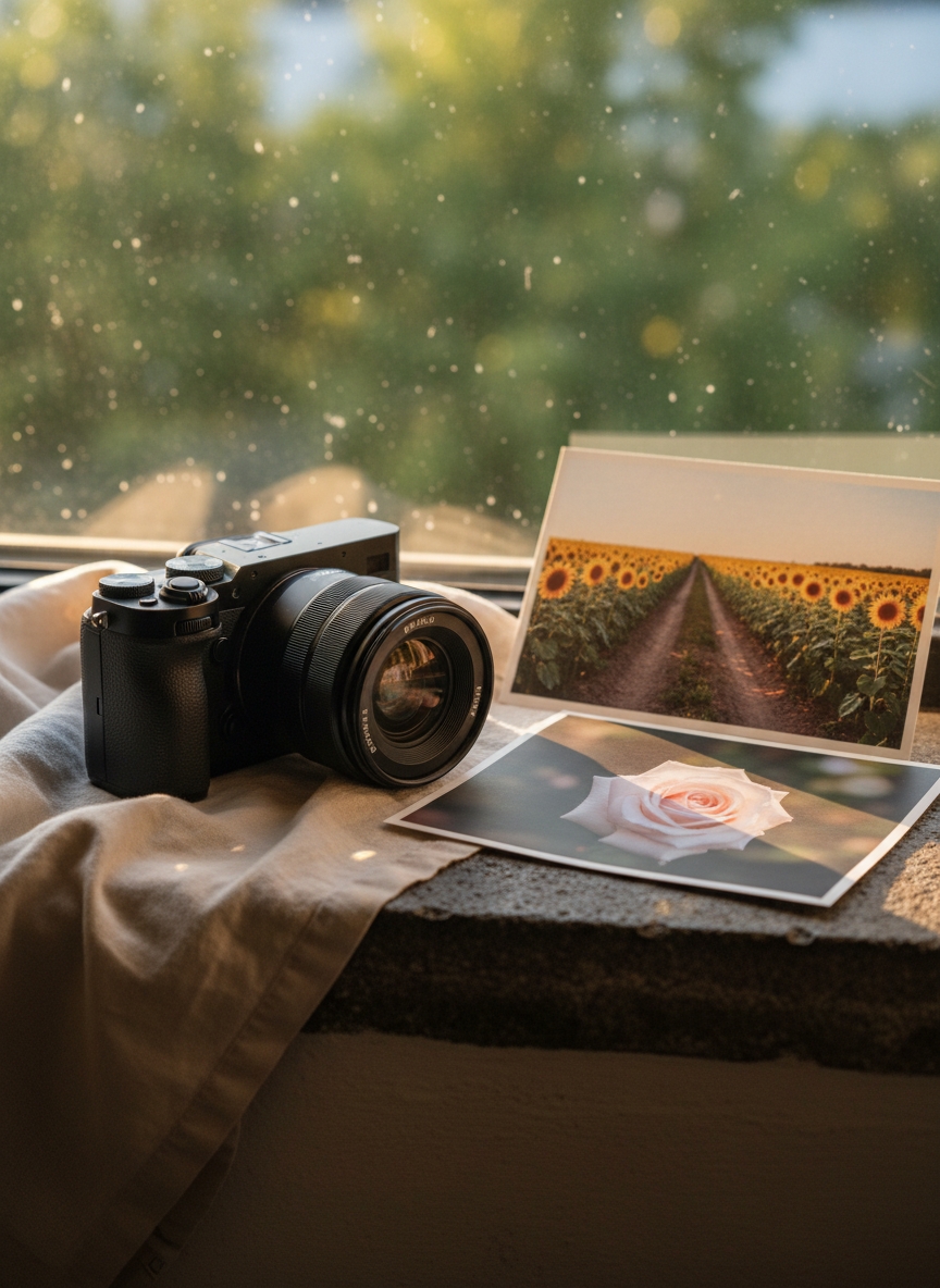 A sleek mirrorless camera with a prime lens sits on a folded, cream-colored linen cloth atop a dark stone windowsill. Next to it, two printed photographs overlap: one of a sunflower field at golden hour, another of a single pale rose in soft focus. Outside the window, visible only as an abstract blur, is a luminous wash of green foliage and sky. Golden hour sunlight streams through the glass, wrapping the camera and prints in warm, directional light and producing gentle bokeh reflections on the stone. Captured from a low, three-quarter angle, with the camera in sharp focus and the prints fading softly into blur. Photographic realism with an intimate, sophisticated mood, suggesting moments carefully grown and harvested from light.