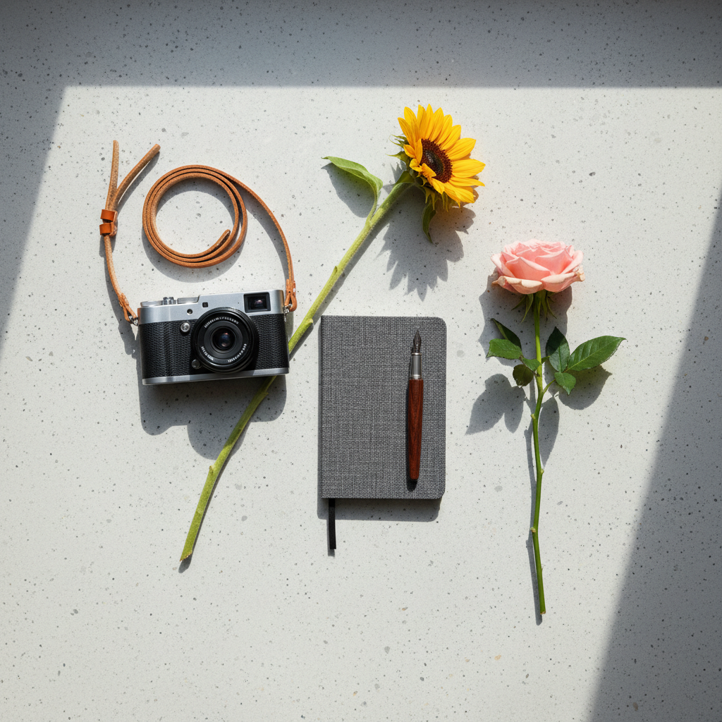 A minimalist flat lay of a photographer’s weekend kit is arranged on a smooth, light concrete surface: a compact camera with a leather wrist strap, a slim notebook, a fountain pen, and a single fresh sunflower and rose laid diagonally across the frame. The flowers’ stems intersect the camera body, visually tying nature and craft together. Indirect window light from above creates soft, feathered shadows and gently reveals every texture from the concrete’s subtle speckling to the notebook’s woven cover. Shot directly overhead with a carefully balanced, asymmetrical composition and generous negative space. Photographic realism with a clean, editorial feel and a serene, sophisticated atmosphere, evoking a thoughtfully prepared day of wandering with a camera.