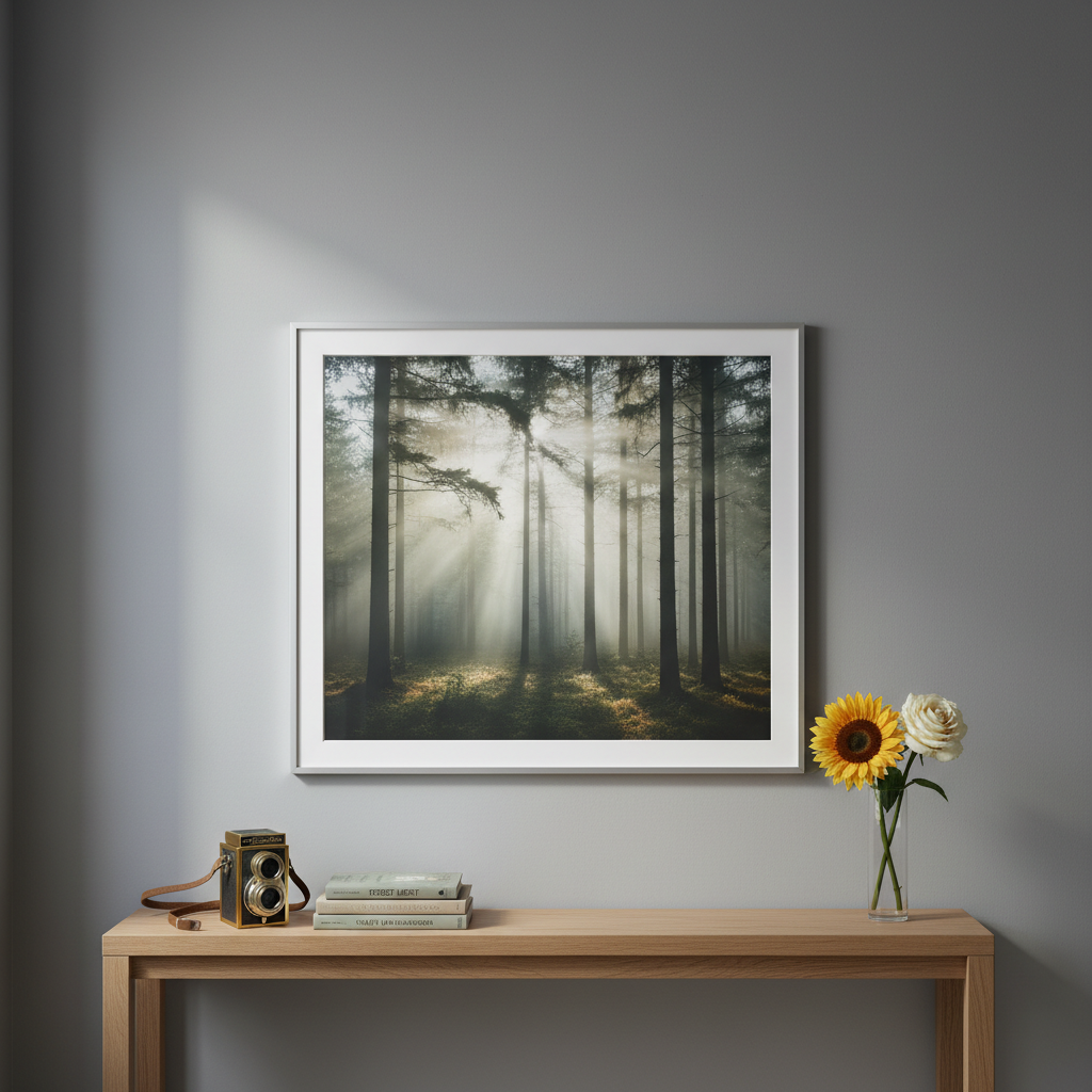 A large archival print of a misty forest at dawn hangs on a smooth, dove-gray wall above a narrow console table. On the table, arranged with deliberate simplicity, sit a vintage brass camera, a small stack of fine art photography books, and a slender glass cylinder holding a single sunflower and a single ivory rose. The room is lit by soft northern light filtering through a large unseen window, creating gentle gradients of tone on the wall and a subtle sheen on the brass. Captured from a straight-on viewpoint with sharp focus and a slightly wide frame that allows negative space around the arrangement. Photographic realism with a quiet, gallery-like sophistication, emphasizing photography as living art within an elegant interior.